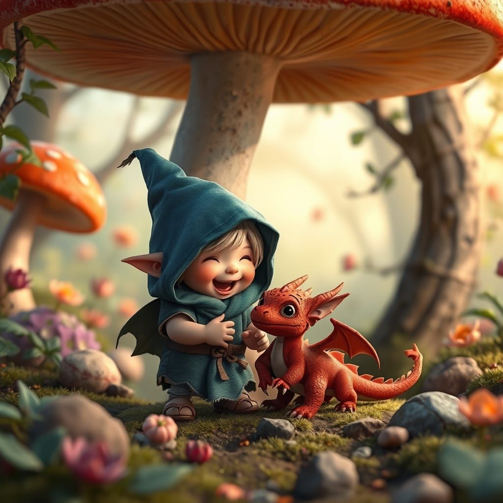 Gelfling Brownie and Baby Dragon in Whimsical Forest