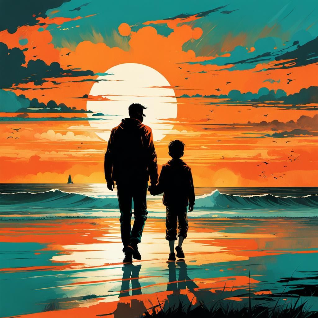 Father and Child Beach Sunset in Sumi-e Style