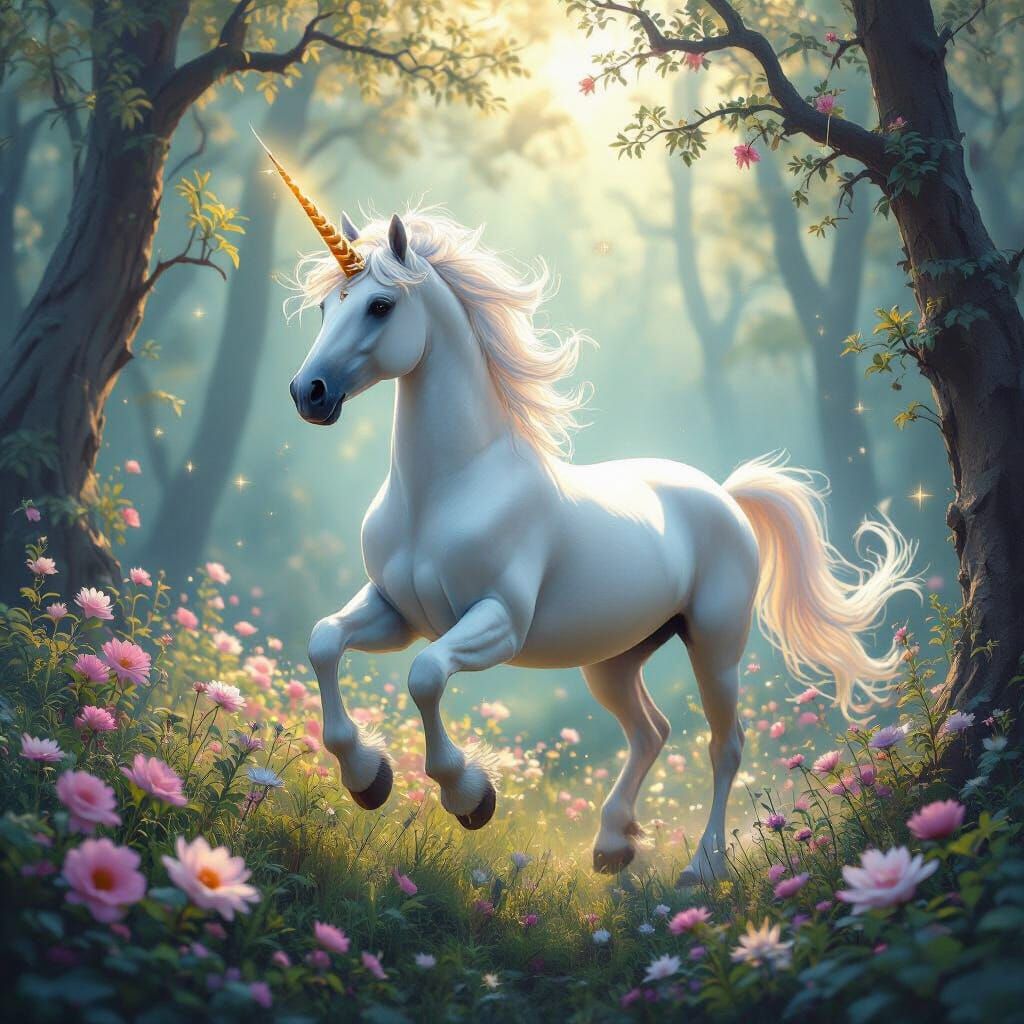 Unicorn Prancing Through Bioluminescent Forest, Art Nouveau ...