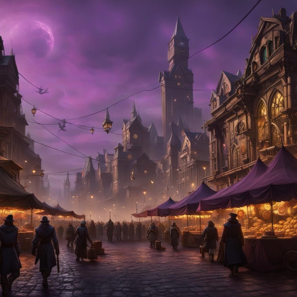 Arcanepunk Market Square in Dark Fantasy Style