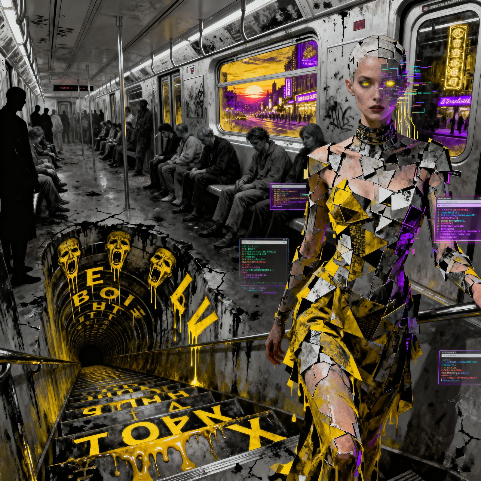 Surreal Subway Descent: Liquid Words and Twisted Reality