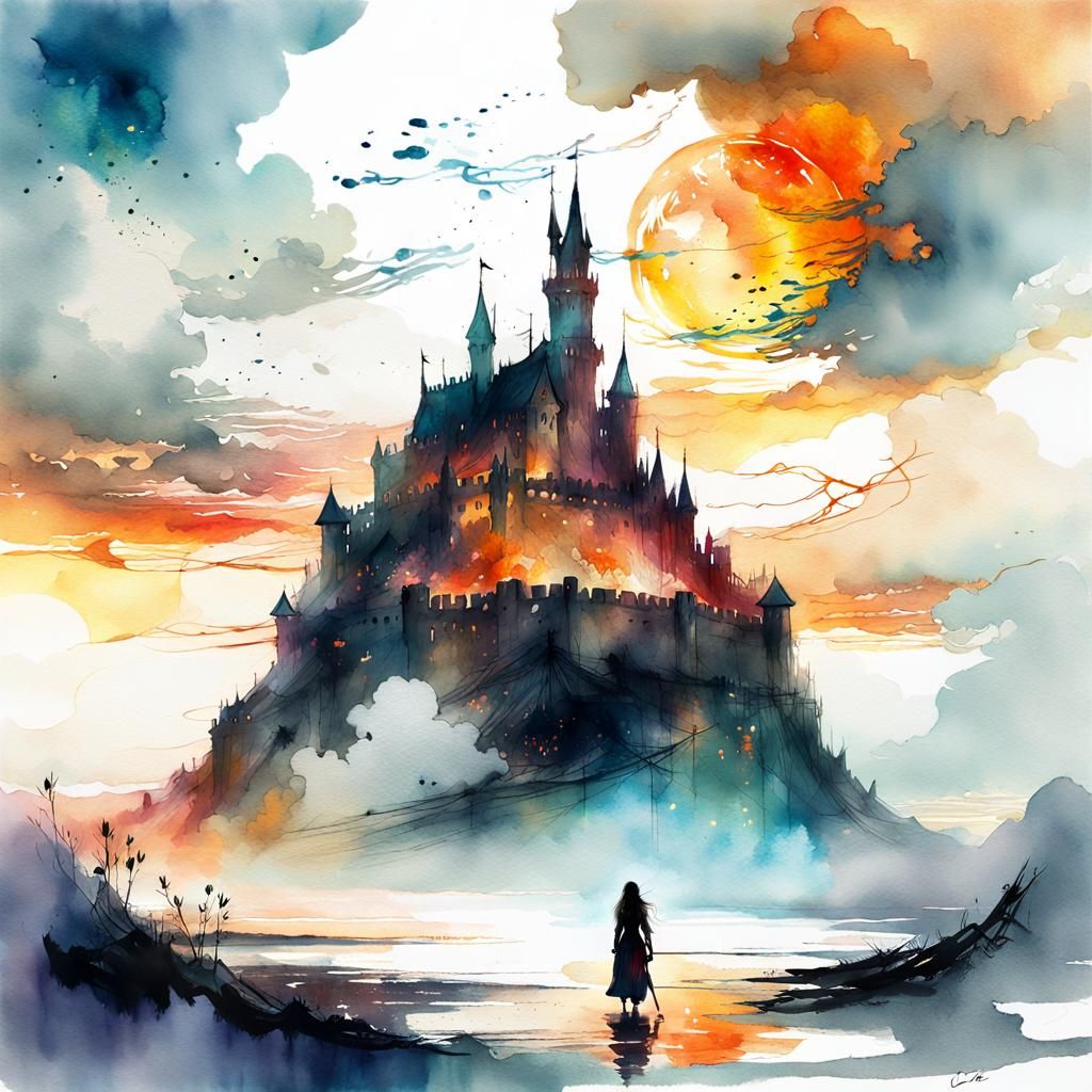 Burning Castle Floating in Clouds at Sunset
