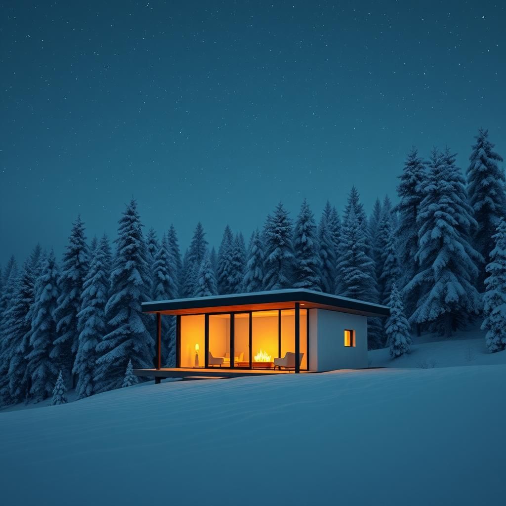 Minimalist Mountain Cabin Under Starry Sky