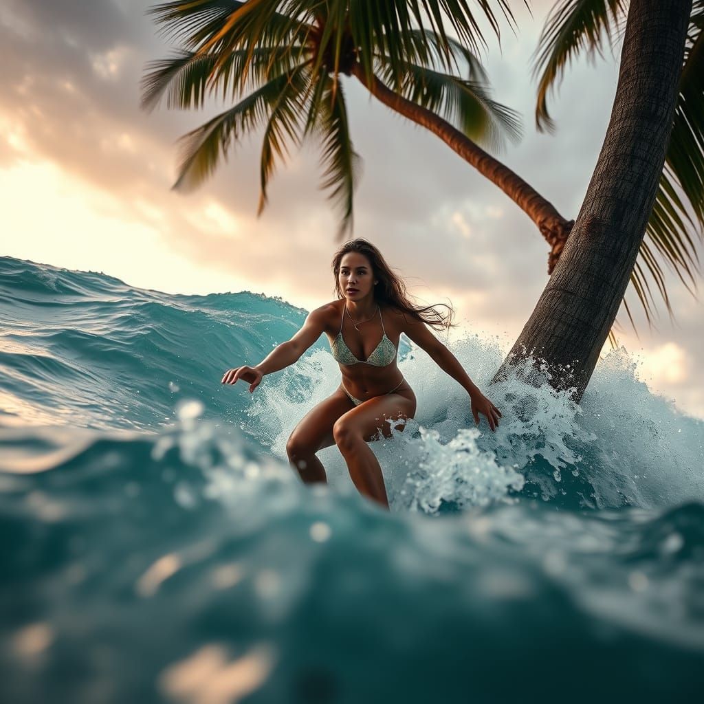Hyperrealistic Tropical Wonder Girl in Perfect Surfing Compo...