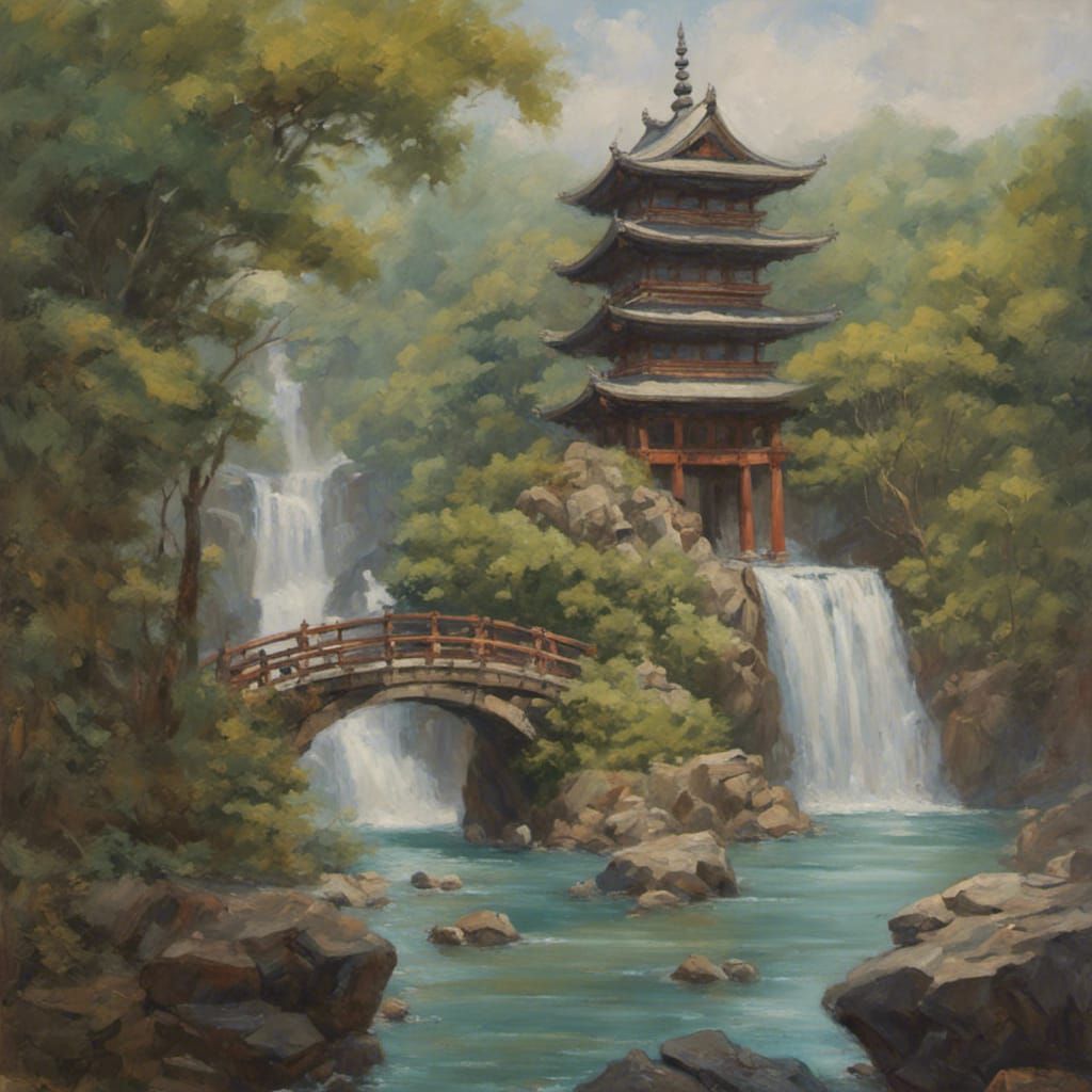 Japanese Temple and Bridge Oil Painting