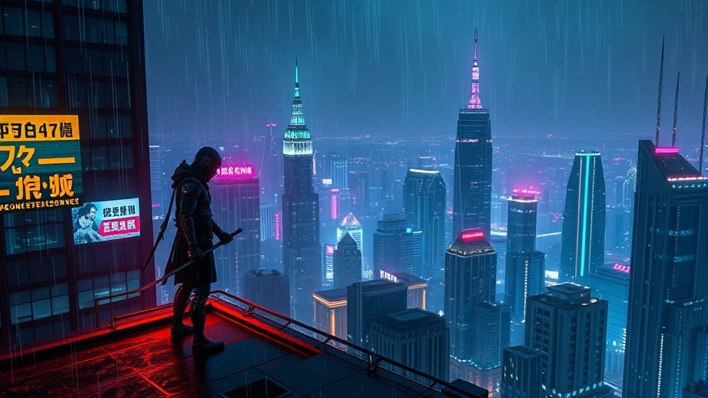 Cyberpunk Ninja Stands Ready on Rainy Rooftop