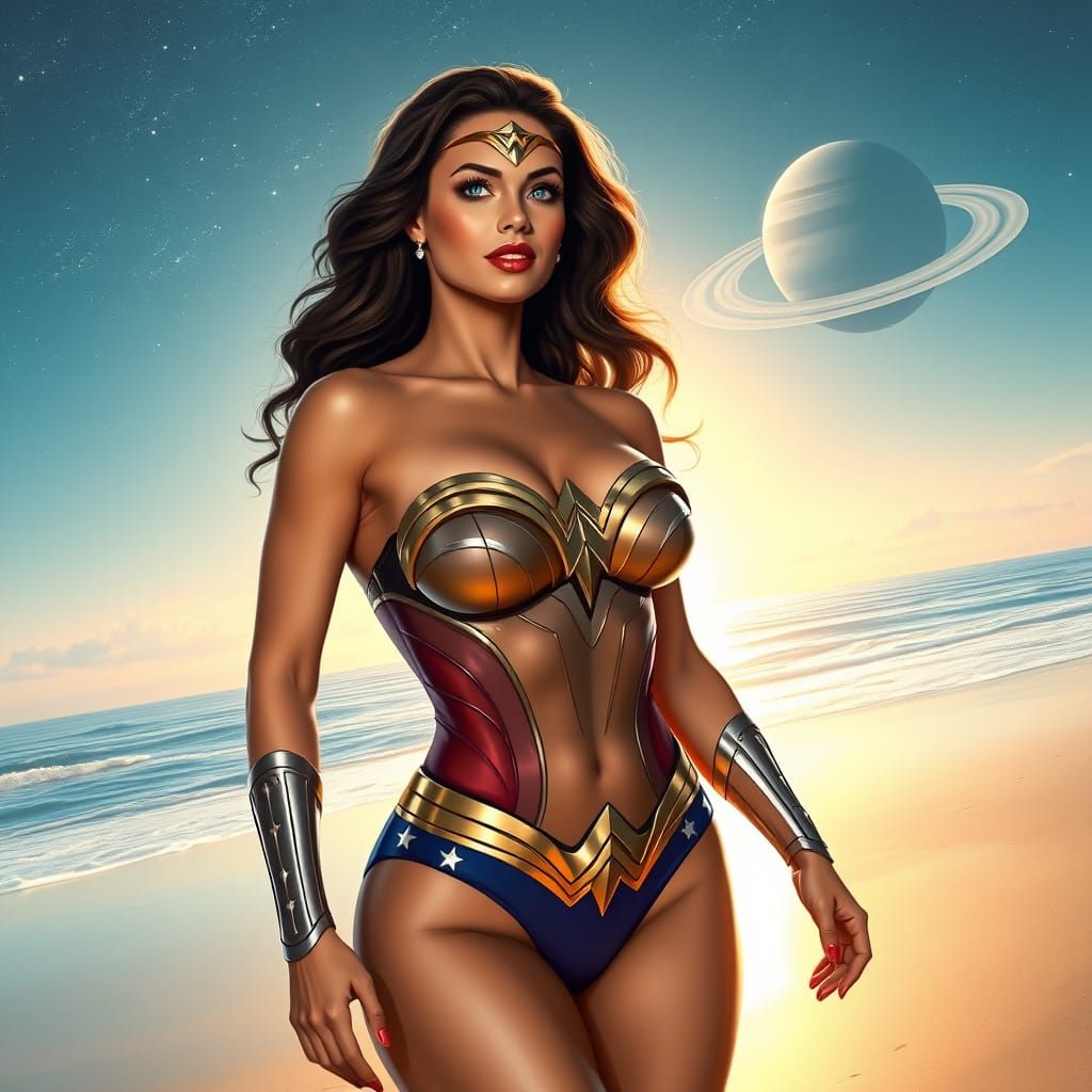 Wonder Woman in Futuristic Beachwear with Celestial Backgrou...