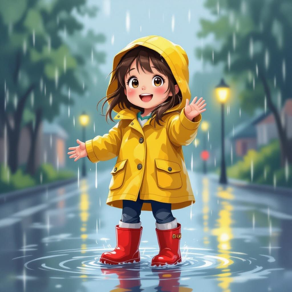 Young Girl Joyfully Signing in Rainy Day Puddles