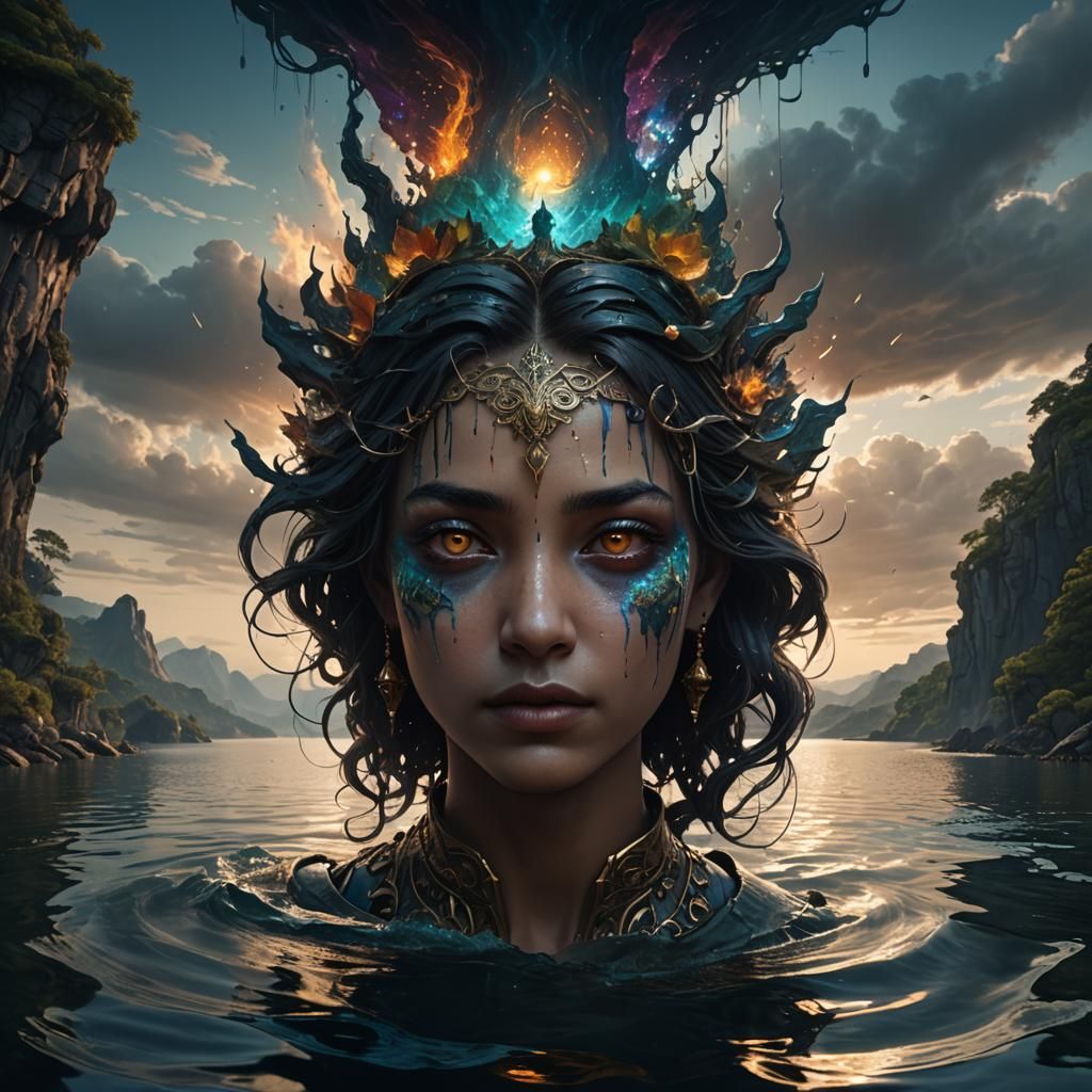 Benevolent Face Over Dark Water: Detailed Matte Painting