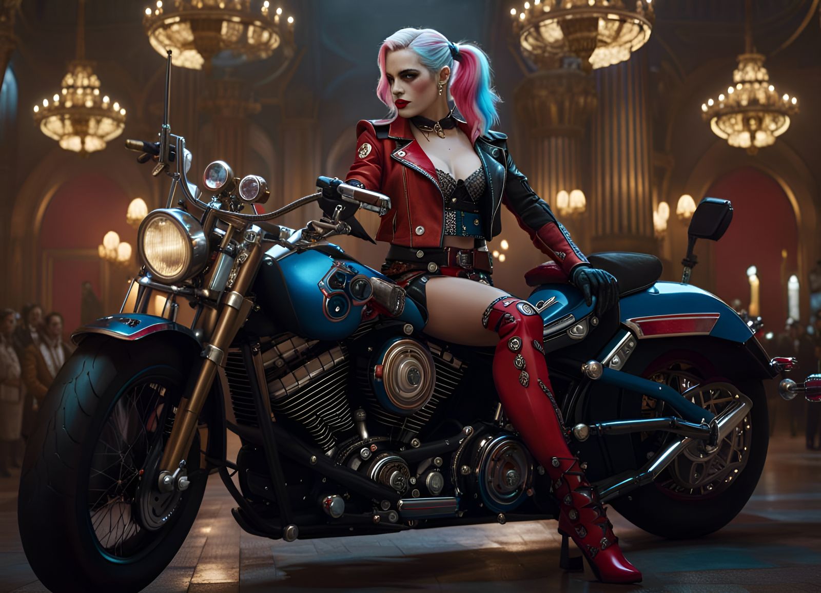 Harley Quinn on Motorcycle in Rococo Style