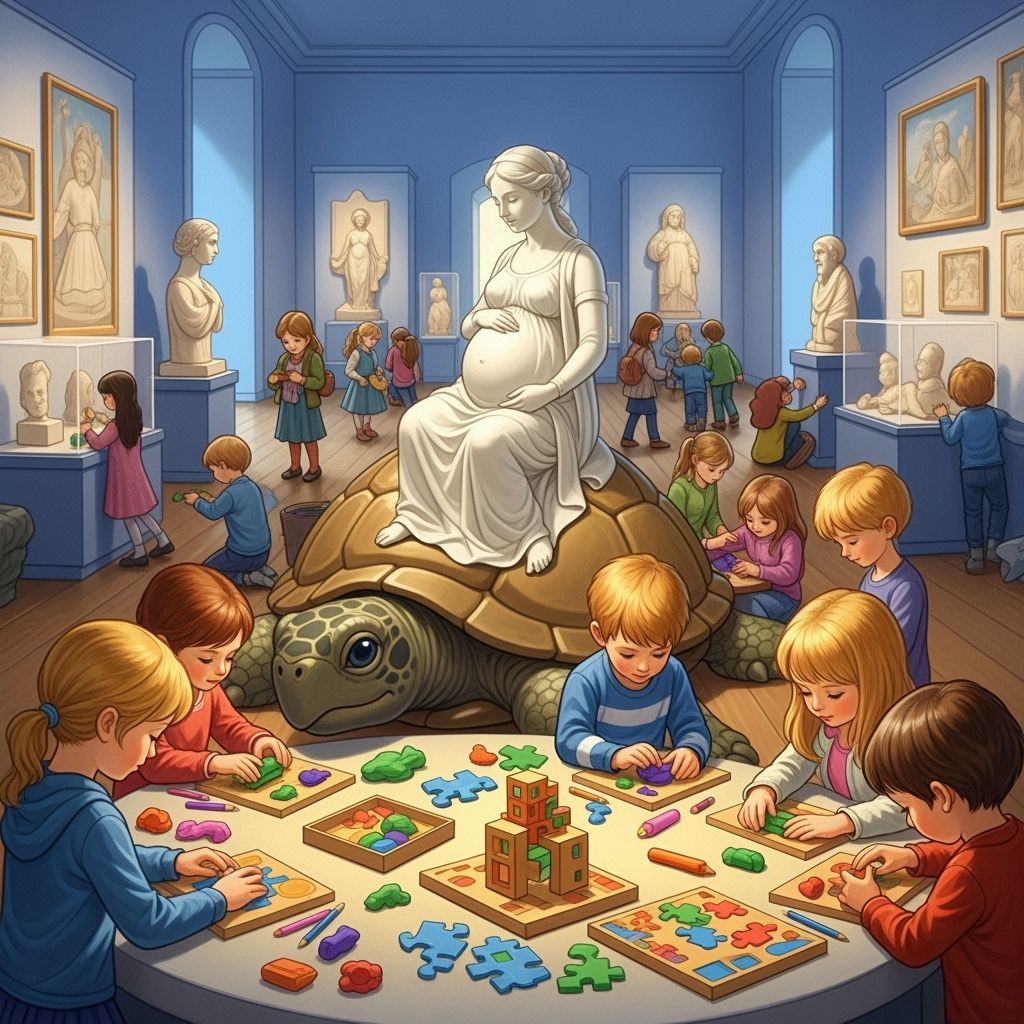 Children Admire Faux Turtle With Pregnant Woman Statue