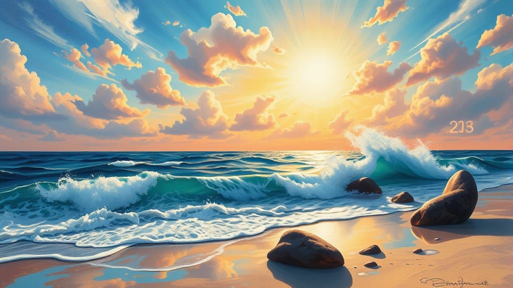 Vivid Oil Painting of Dynamic Beach Lighting Effects