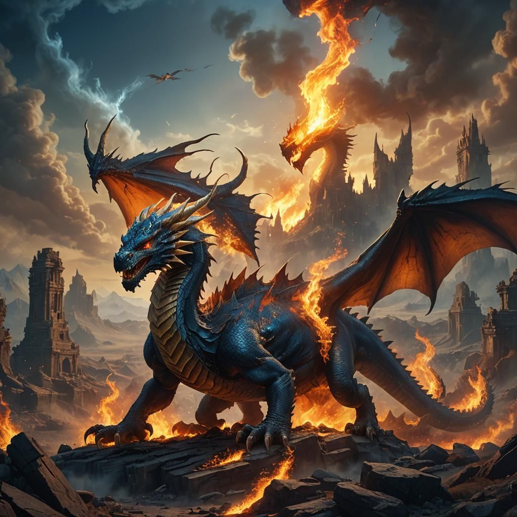 Dragon's Fiery Breath in Ruined Landscape