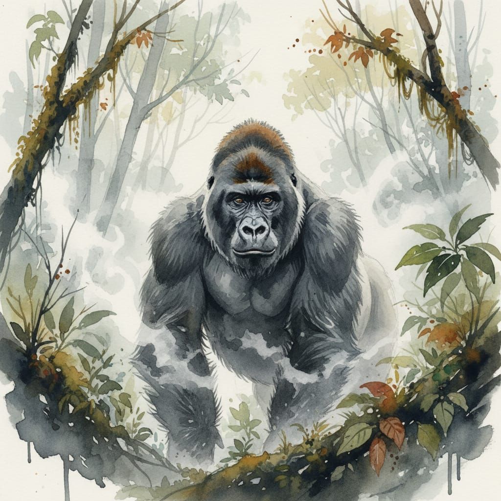 Majestic Mountain Gorilla in Misty Rainforest, Watercolor St...
