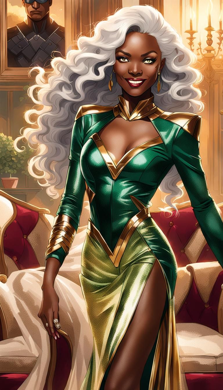 Elegant Woman in Emerald Gown, Storm Inspiration