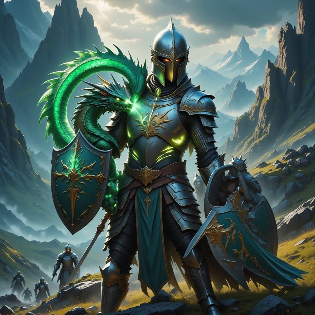 Knight Cradles Baby Dragon Against Shadowy Foes