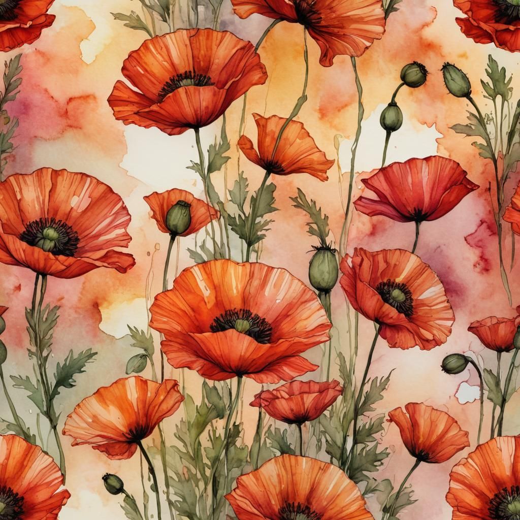 Vivid Red Poppies at Sunset: Watercolor Illustration
