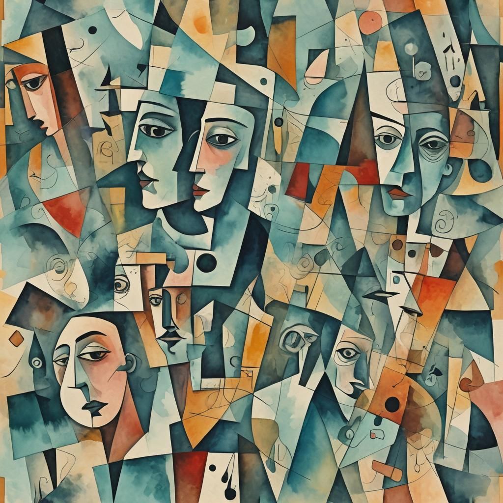 Cubist Figures in Watercolor with Abstract Shapes