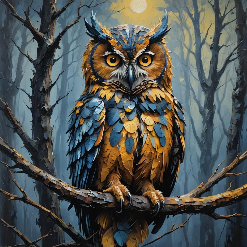 Mysterious Owl in Moonlit Forest, Neo-Expressionist Painting