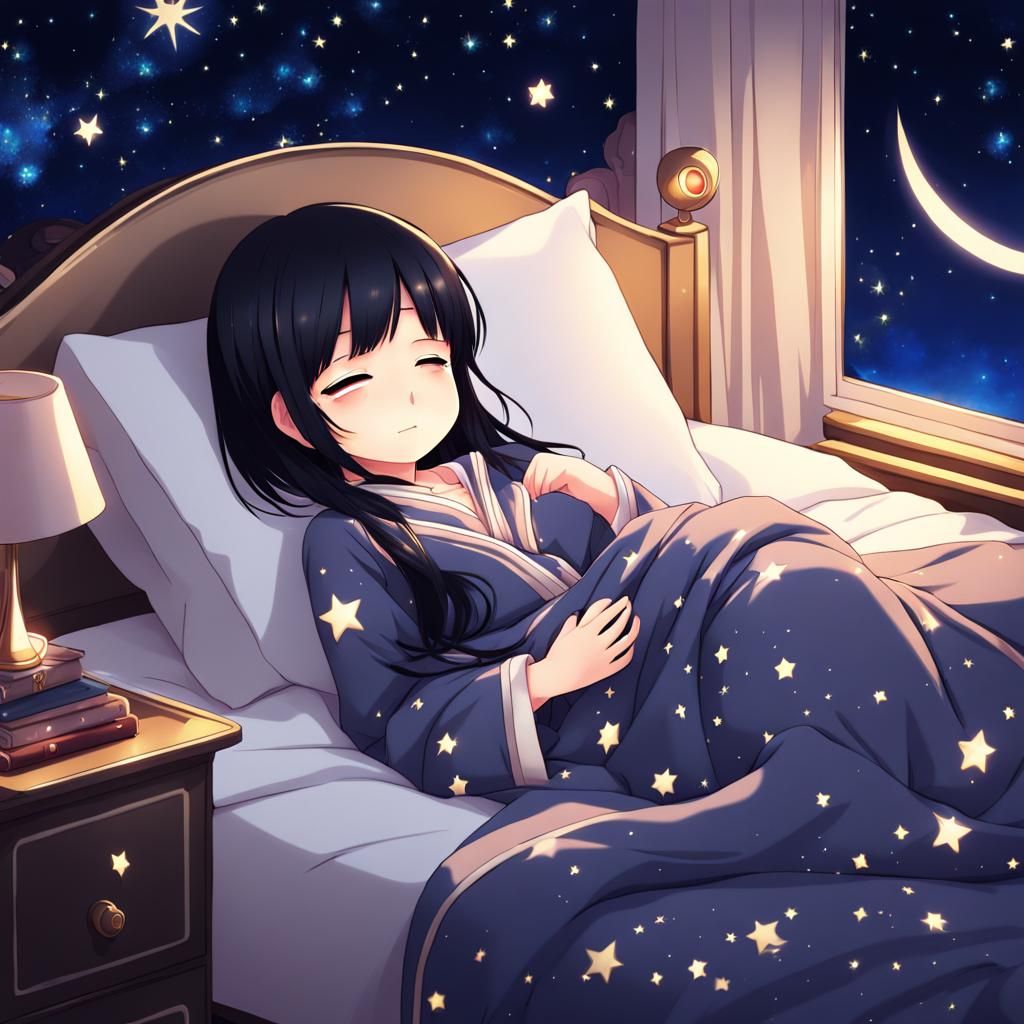 Sleeping Chibi Girl in Starry Night Anime Style