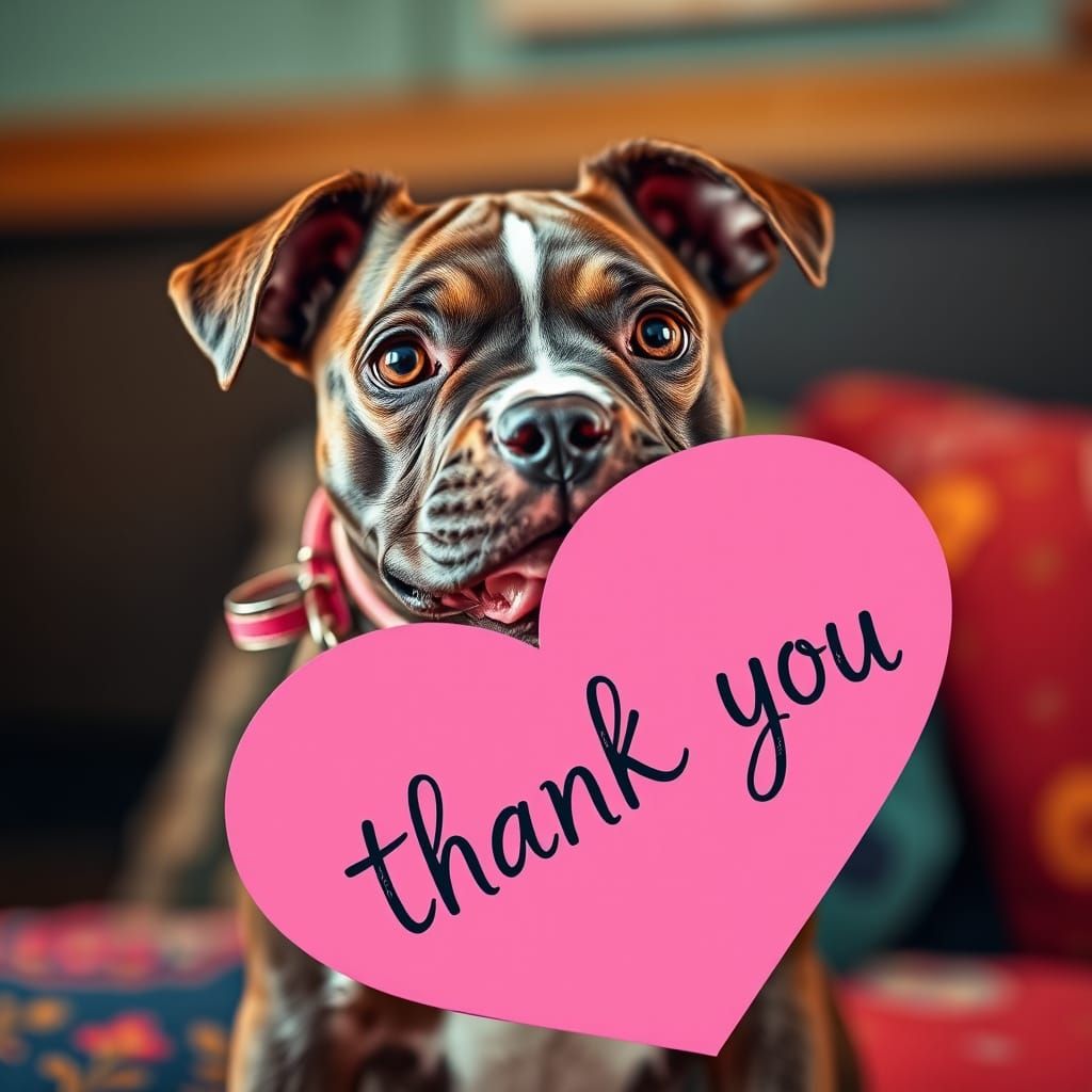 Pitbull Puppy Holding Thank You Heart Sign