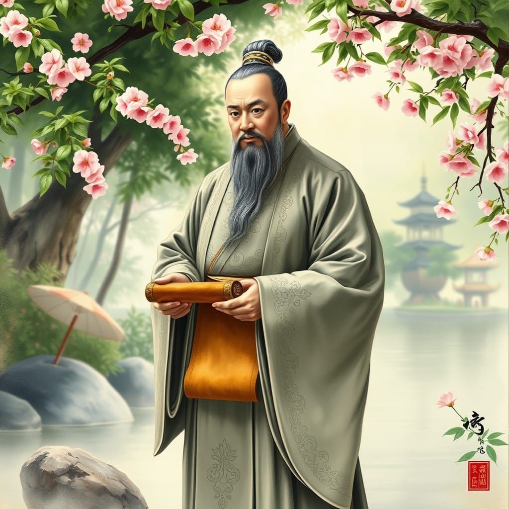 Majestic Confucius in Traditional Chinese Robe, Surrounded b...