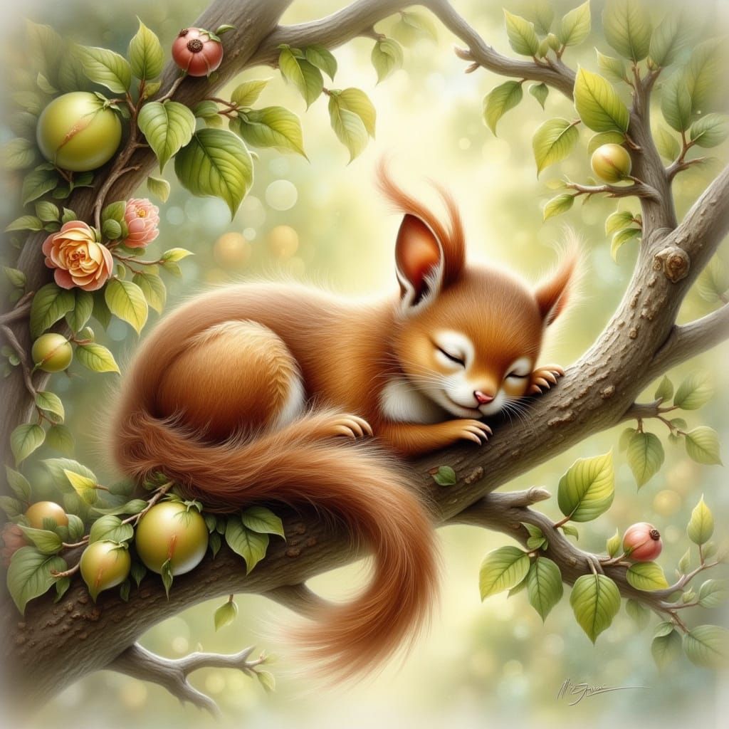 Squirrel Sleeping on Branch in Whimsical Style