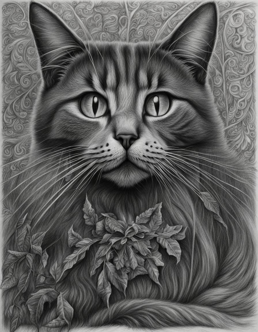 Hyperdetailed Charcoal Drawing of the Yule Cat