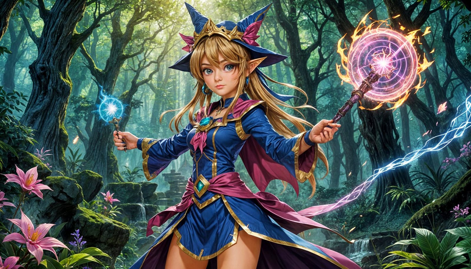 Anime Sorceress Casting Fireball in Mystical Forest
