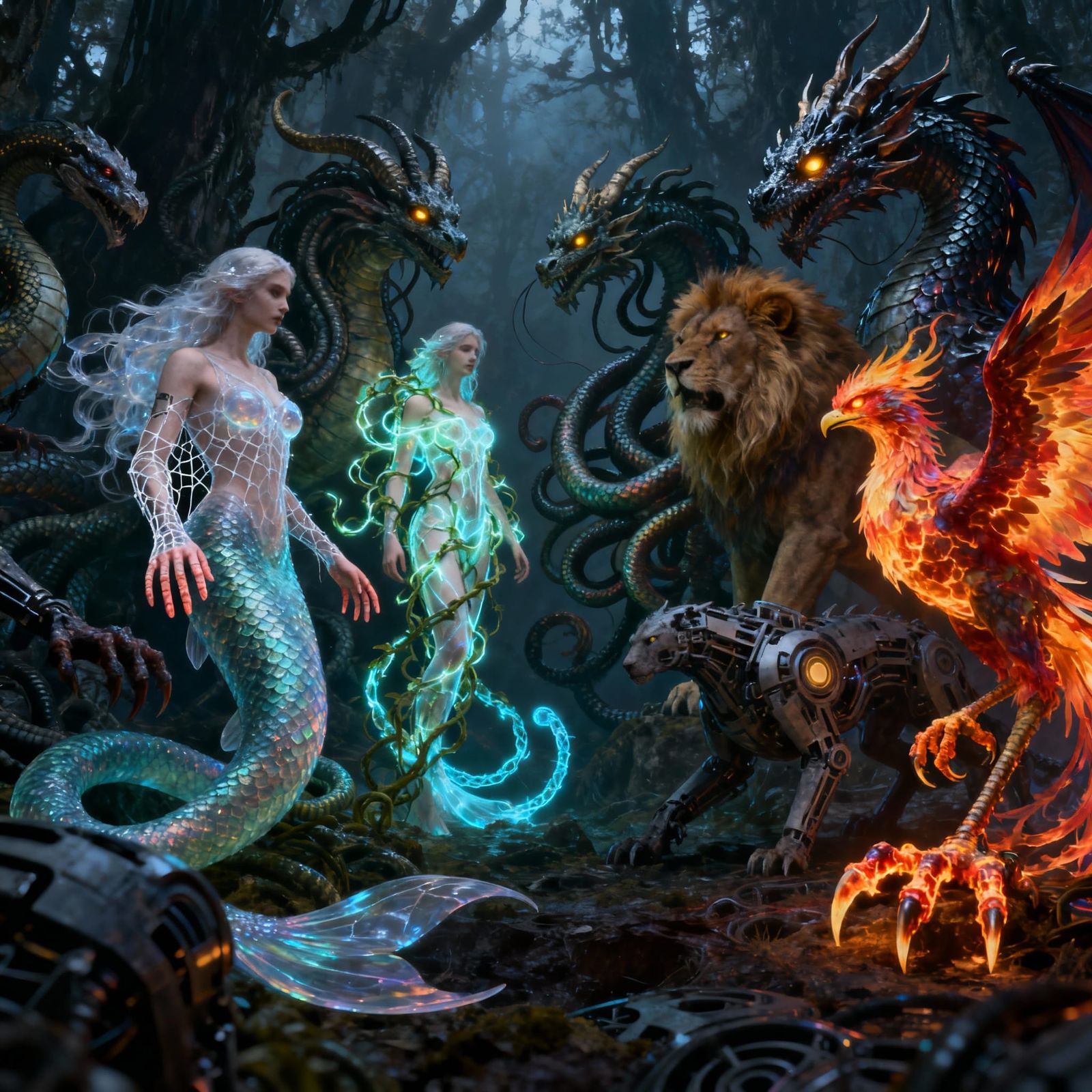 Mythological Creatures Gather in Dark Forest