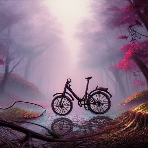 Broken Bicycle in Lush Forest: Fantasy Concept Art