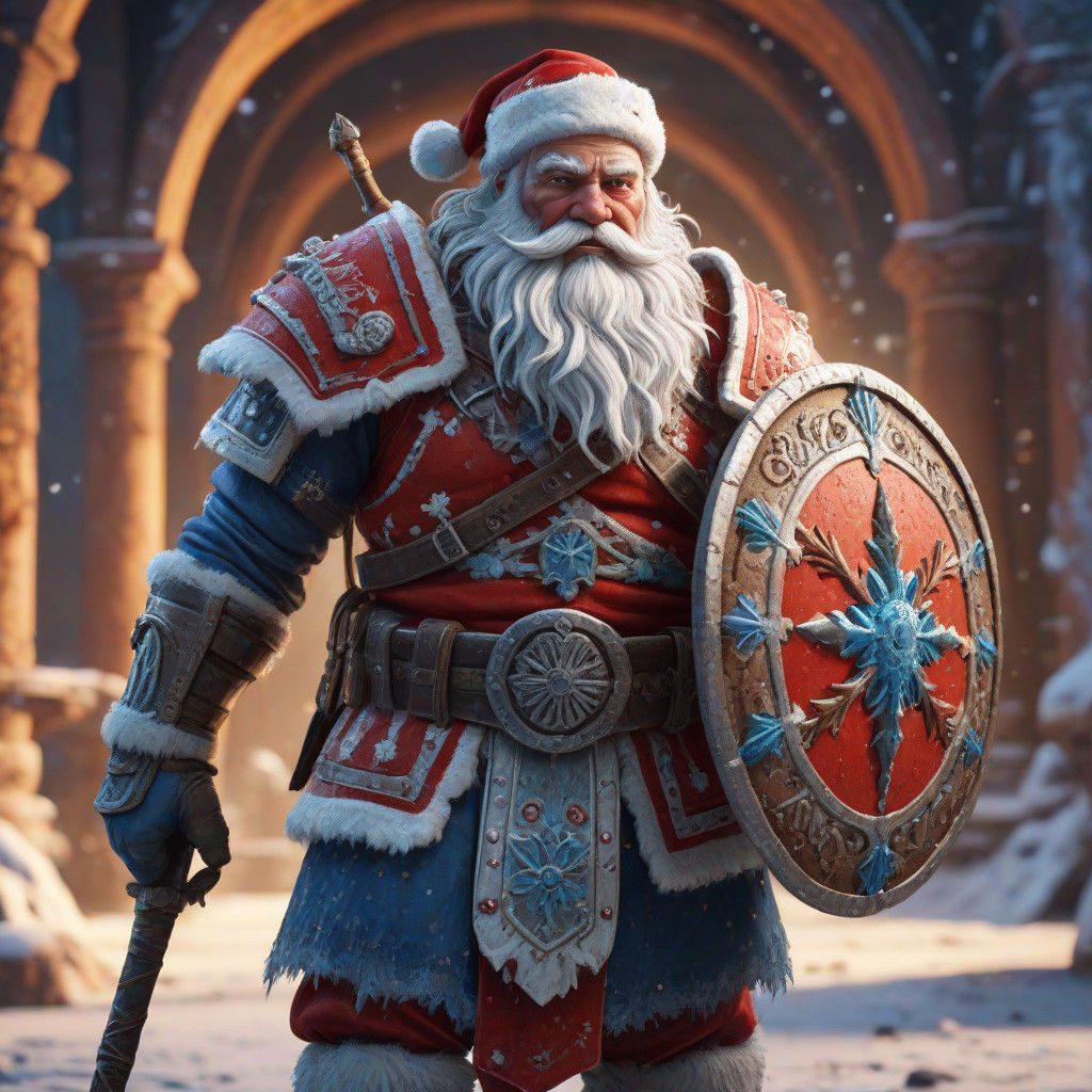 Vibrant Santa in Battle-Worn Gladiator Armor