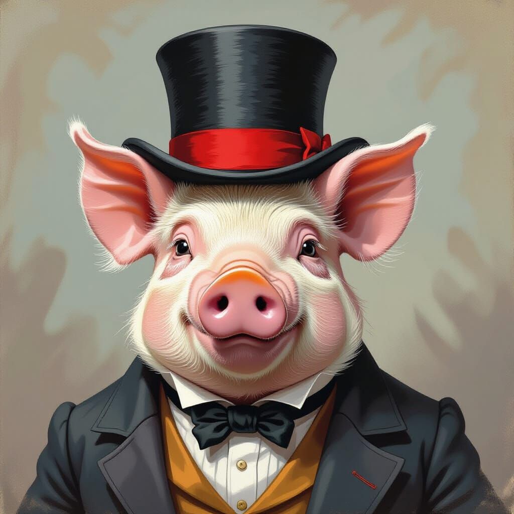 Victorian Hog in Top Hat: Gouache Style Painting