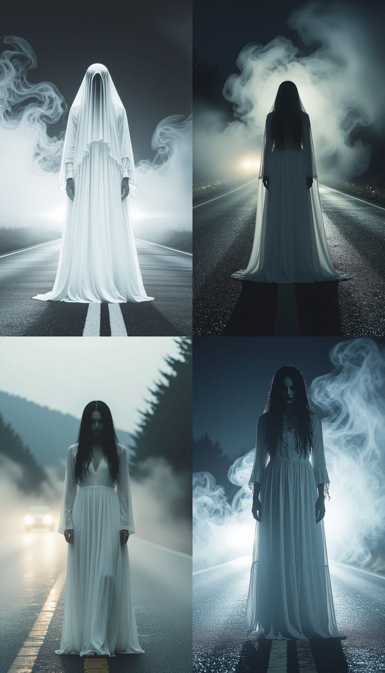 Ghostly Woman on Deserted Road in Cinematic Horror Style