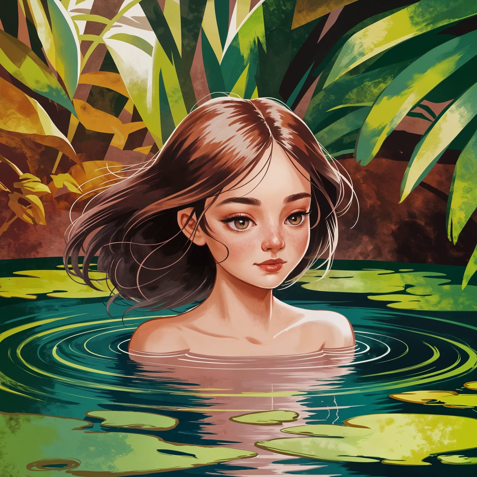 Tropical Jungle Pond Digital Illustration