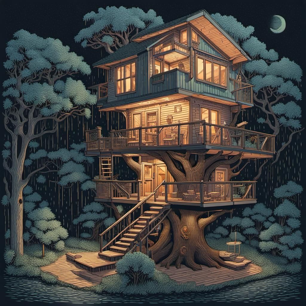 Cozy Treehouse on Rainy Night in Holograph Linocut