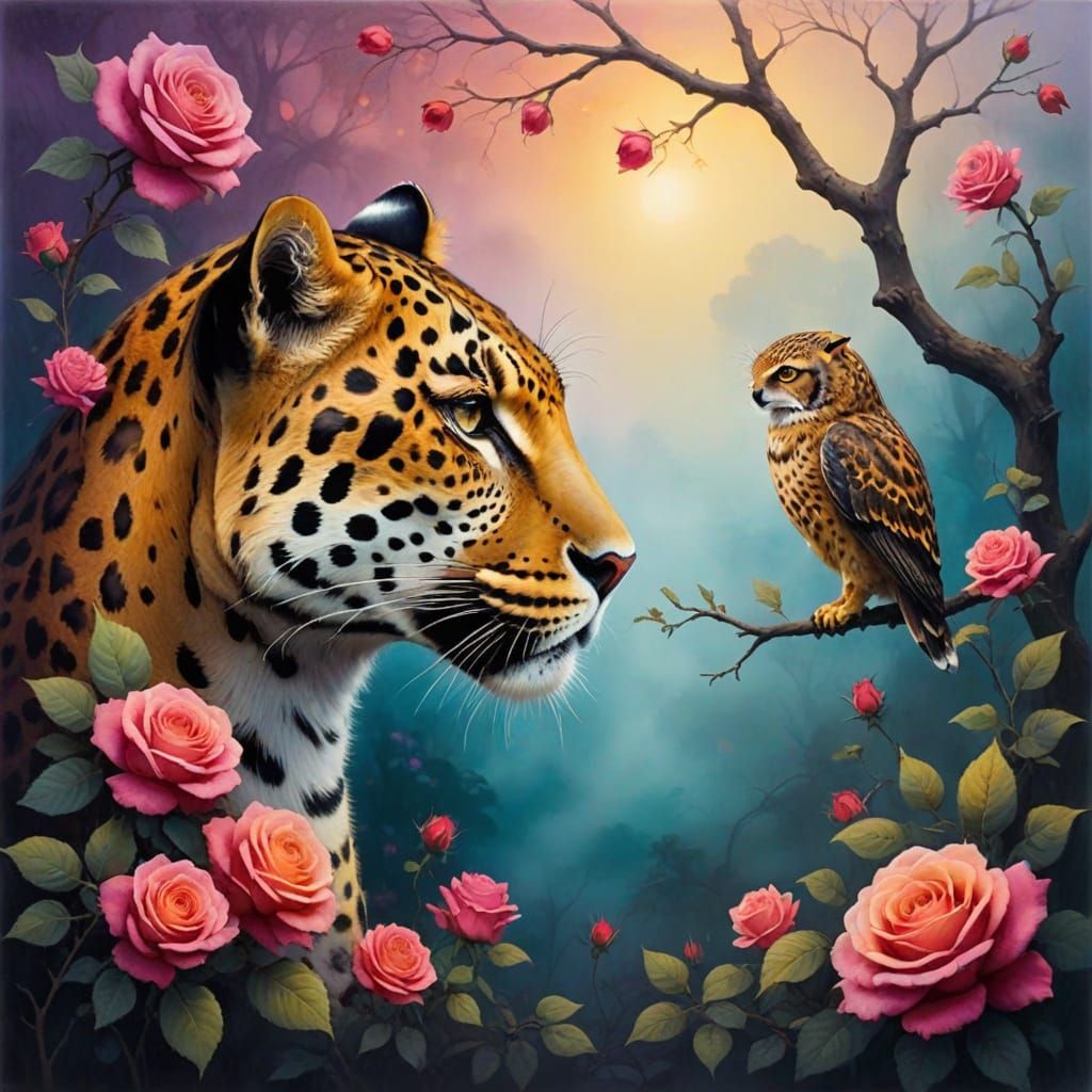 Majestic Leopard Amidst Vibrant Roses and Whispering Owl in ...