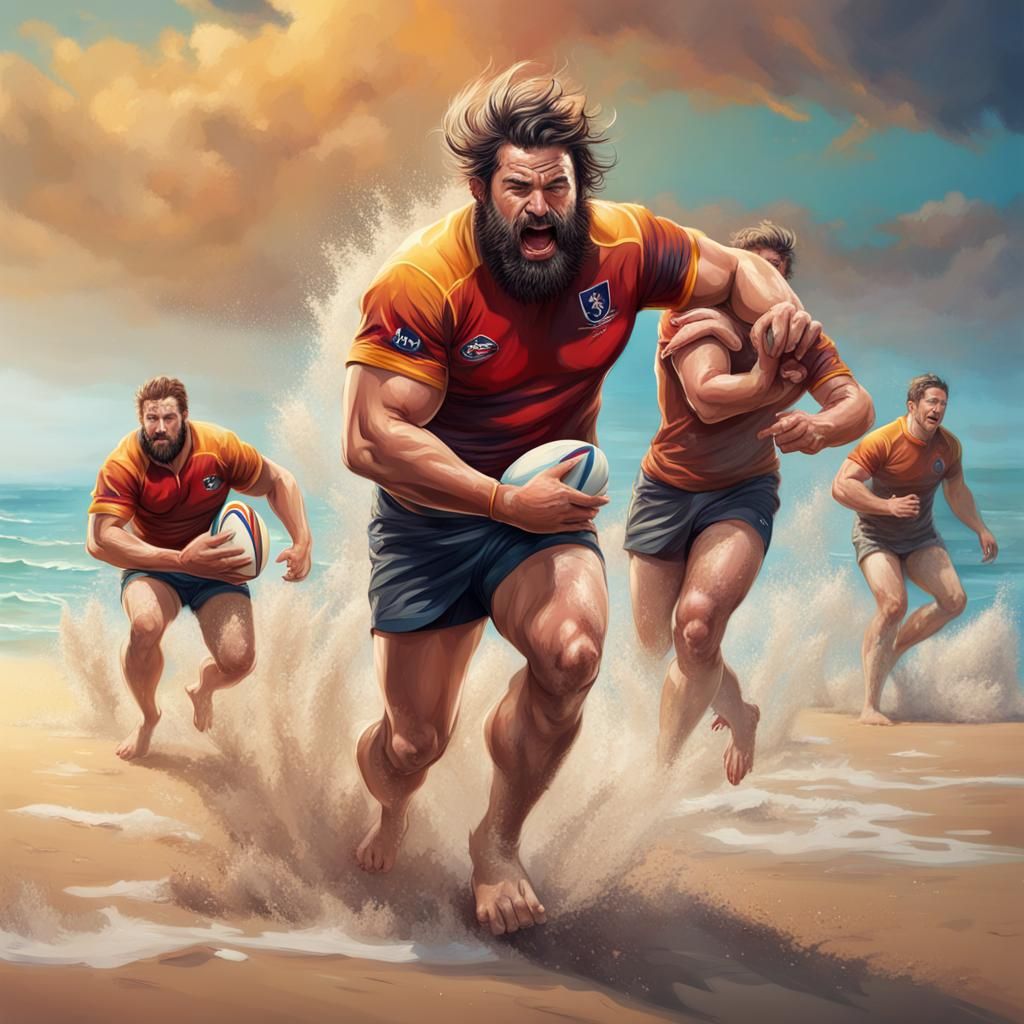 Hyperrealistic Rugby Players on Beach in Splash Art Style