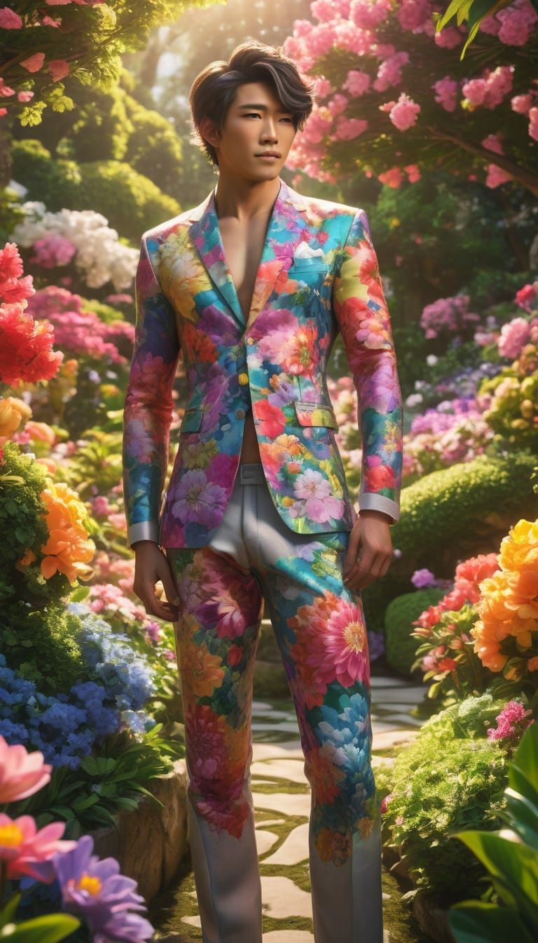 Japanese Man in Vibrant Flower Garden - Photorealistic Conce...
