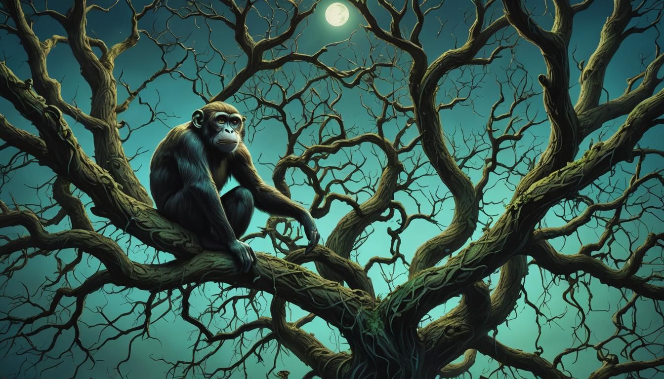 Eerie Surrealism: Monkey in Twisted Tree