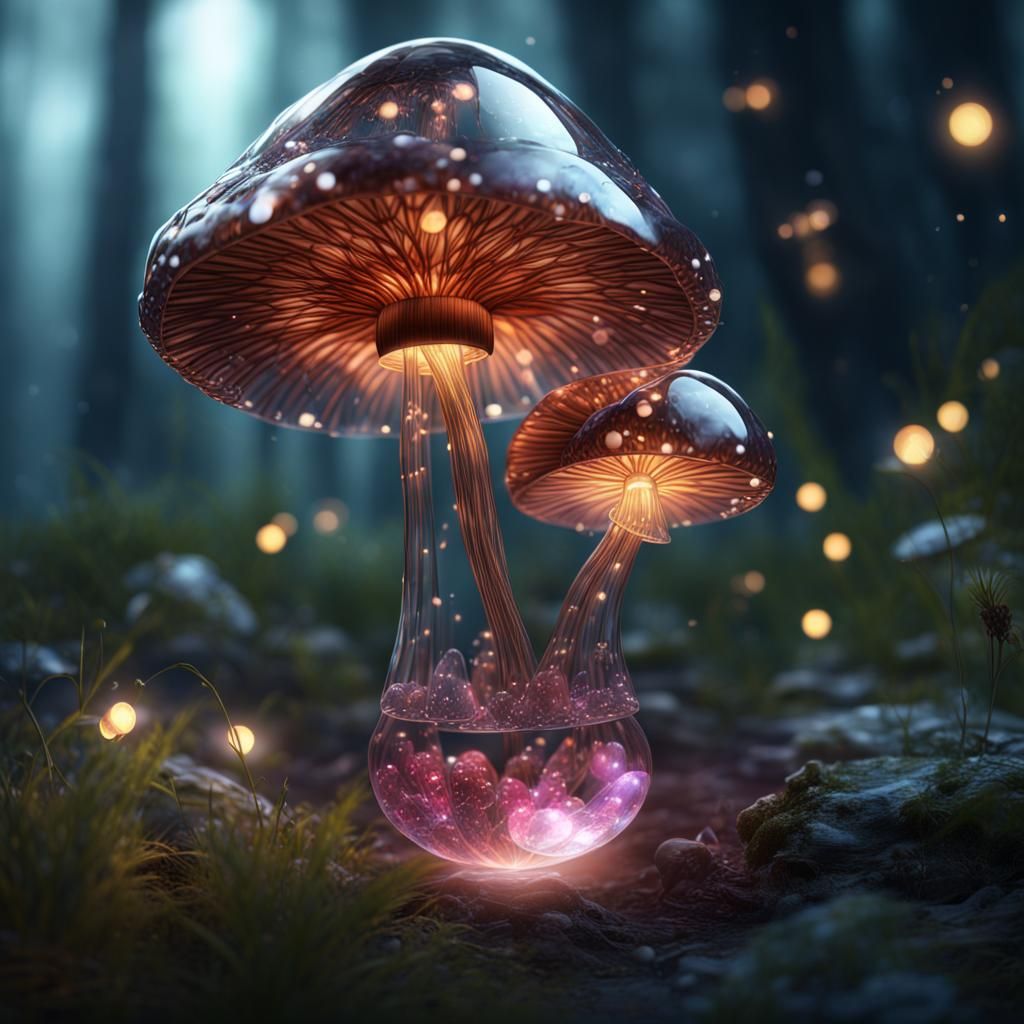 Crystal Mushrooms with Glass Fireflies in Fantasy Art