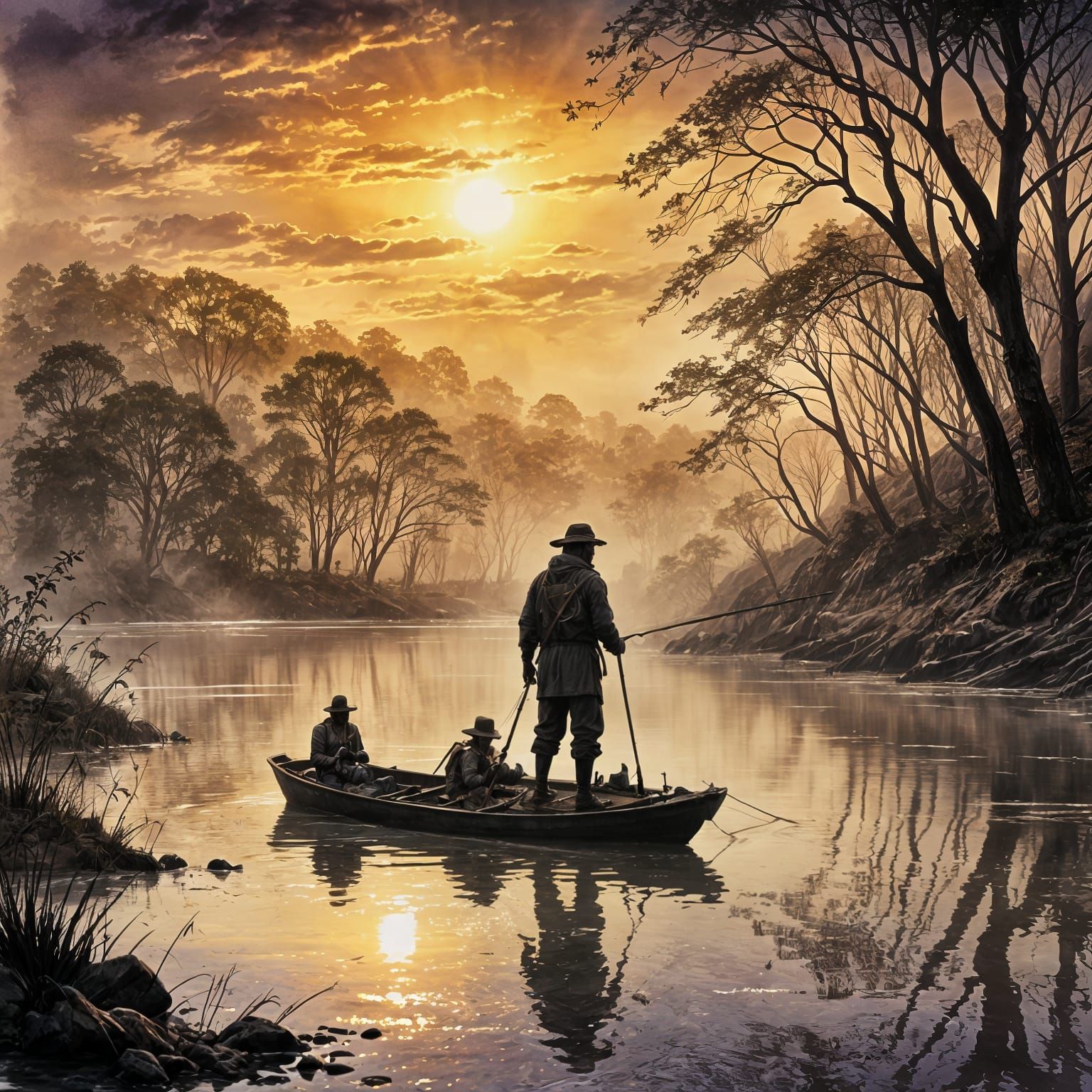 Fisherman Silhouette at Sunrise: Dark Fantasy Concept Art