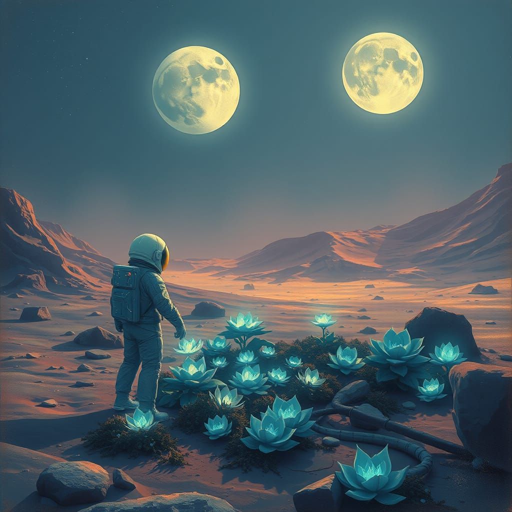 Astronaut Tends Bioluminescent Garden on Alien Moon