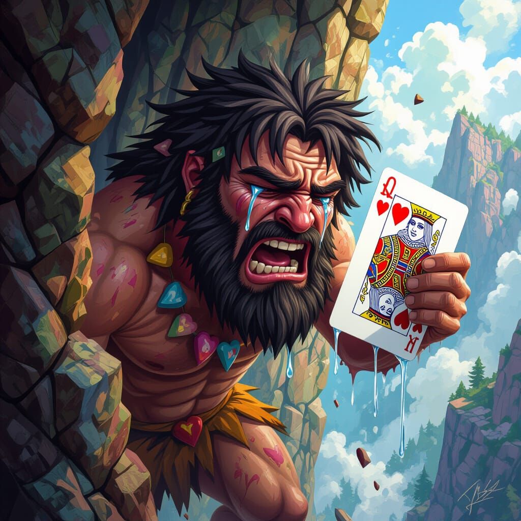 Caveman's Fall with Queen Card in Hyperrealistic Style