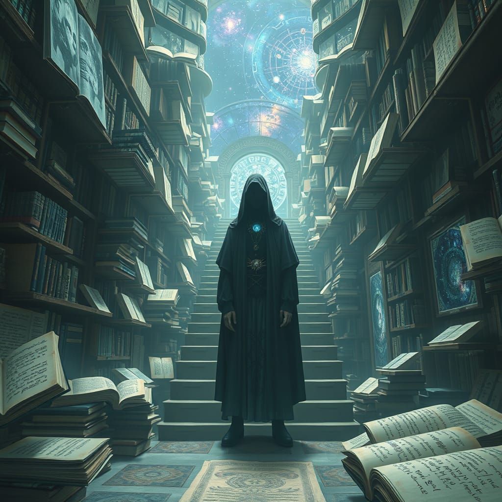 Interdimensional Library with Mystic Figure, Digital Matte P...