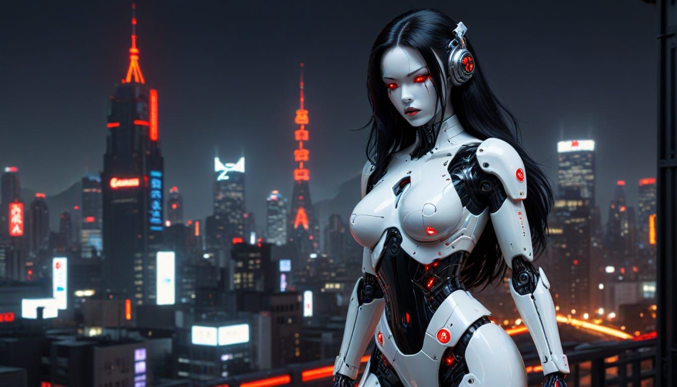Cyberpunk Gynoid in Neon Cityscape
