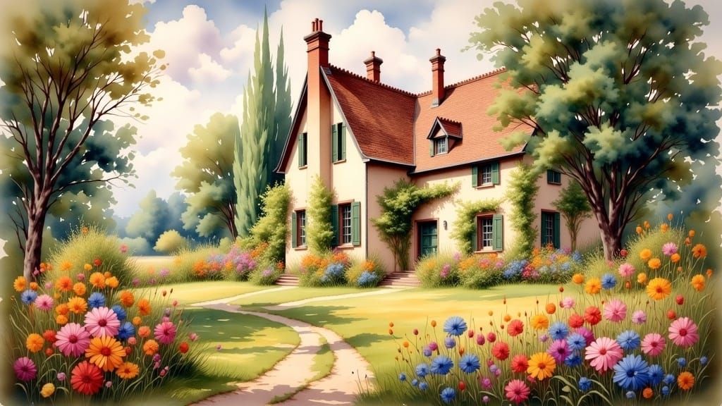 French Country House in Impressionist Landscape