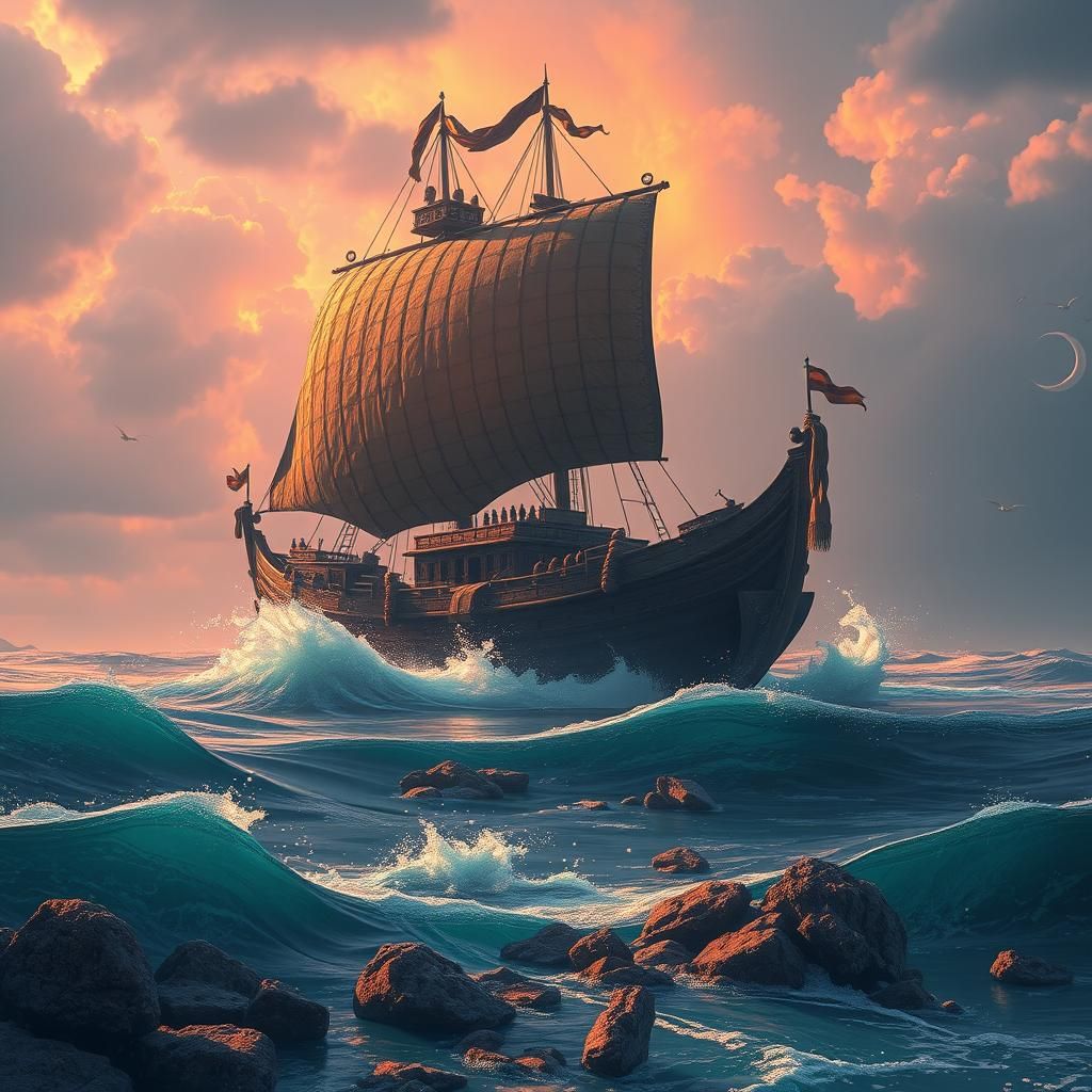 Hittite Ship Patrolling Bolivian Coast: Fantasy Concept Art