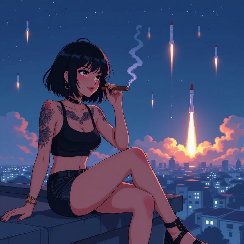 Anime Woman on Roof Watching Missiles