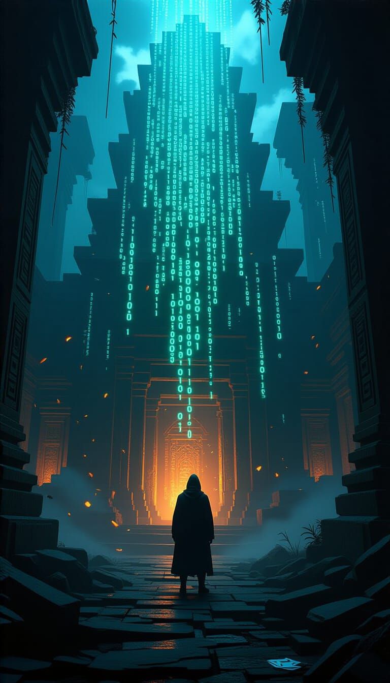 Hacker in Ancient Cyberpunk Virtual Reality Temple